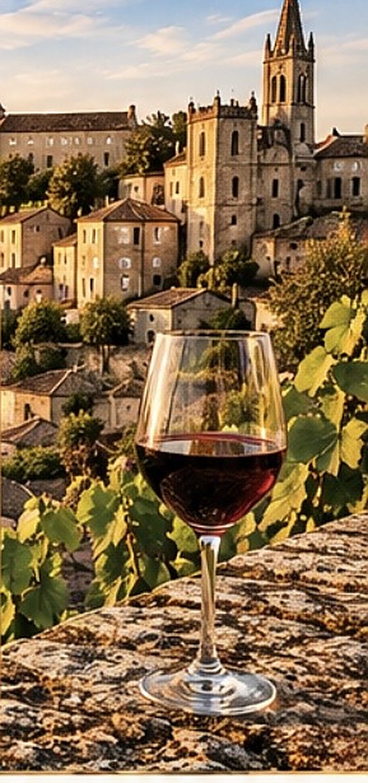 Un verre de vin rouge face au village de Saint-Émilion au coucher du soleil